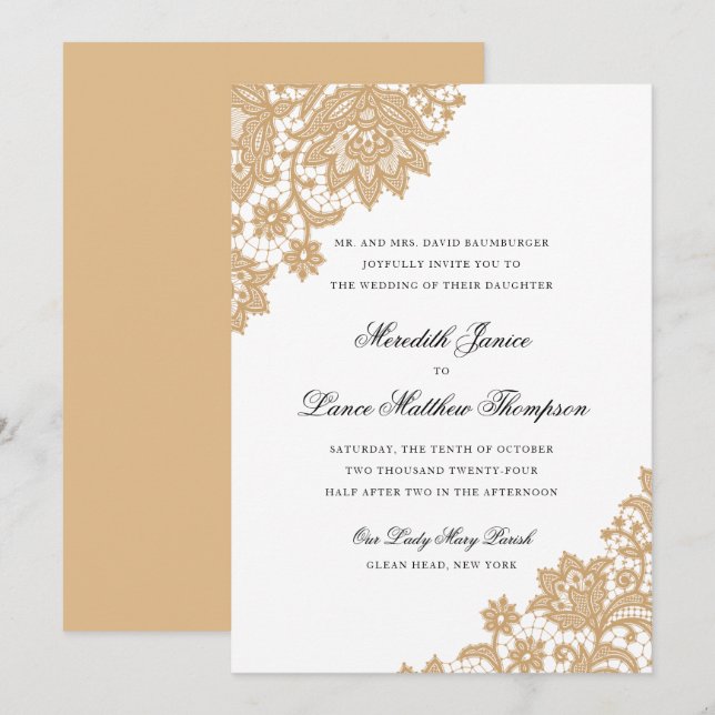 Invitación Delicada esquina de encaje negro y Boda de guiones (Anverso / Reverso)