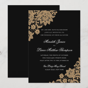 Invitación Delicada esquina de encaje negro y Boda de guiones
