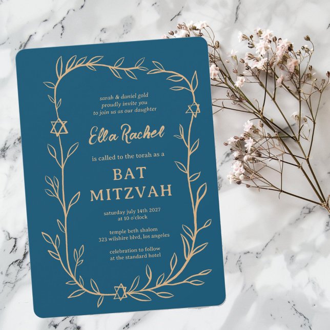 Invitación Delicada estrella botánica de David Bar Bat Mitzva (Delicate Botanical Star of David Bar Bat Mitzvah Modern Girl Invitation
)