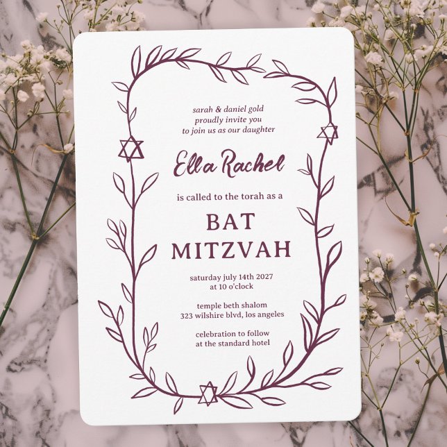 Invitación Delicada estrella botánica de David Bar Bat Mitzva (Delicate Botanical Star of David Bar Bat Mitzvah Invitation
Doodle Sketch Elegant Purple)