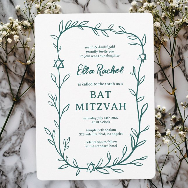 Invitación Delicada estrella botánica de David Bar Bat Mitzva (Delicate Botanical Star of David Bar Bat Mitzvah Invitation
Green White Hand Drawn Sketch Doodle)