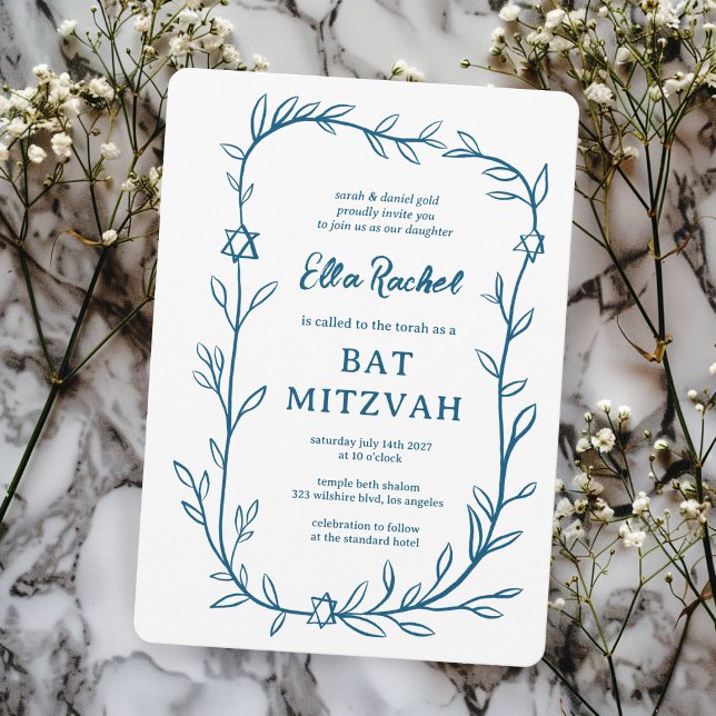 Invitación Delicada estrella botánica de David Bar Bat Mitzva (Delicate Botanical Star of David Bar Bat Mitzvah Invitation Elegant Trendy BLue White Hand Drawn
)