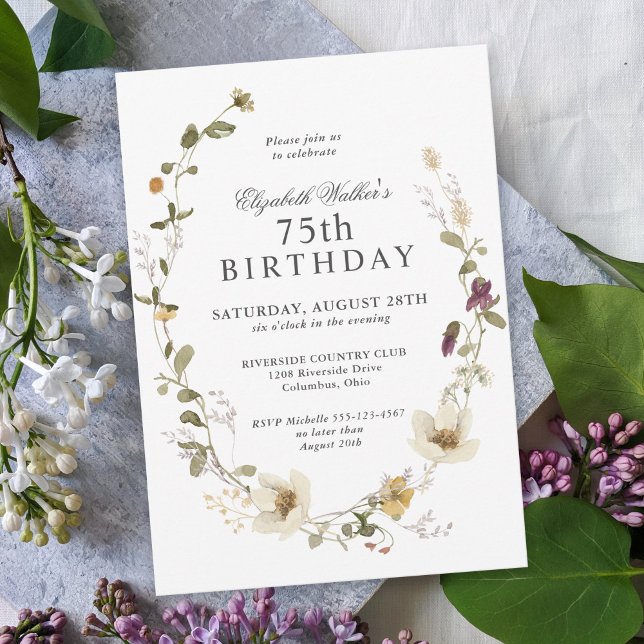 Invitación Delicada fiesta de cumpleaños número 75 de las flo (This charming wildflowers botanical 75th birthday invitation is available as a digital download!)