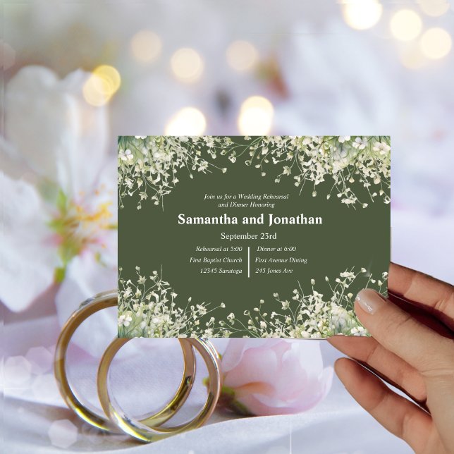 Invitación Delicada floral en la cena de ensayo en verde oliv (Subido por el creador)