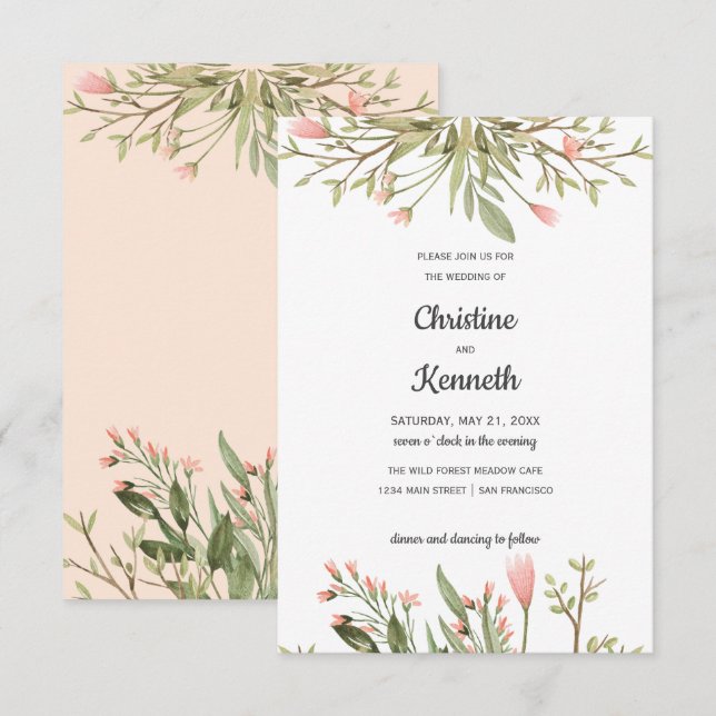 Invitación Delicada moda de flores silvestres rosas boda botá (Anverso / Reverso)