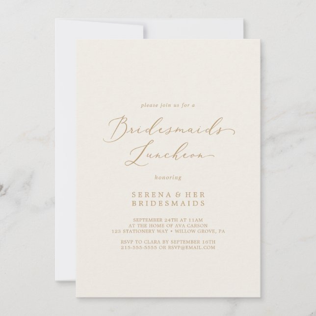 Invitación Delicada Oro y Crema Bridesmaids Luncheon (Anverso)