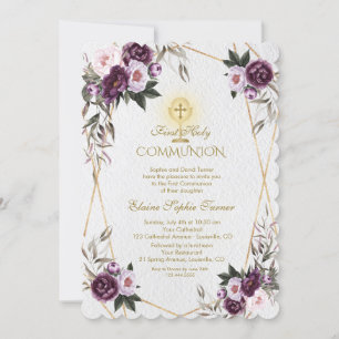 Invitación Delicada peonía rosada morada florece comunión sag