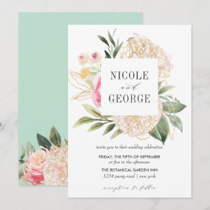 Invitación Delicada Peony Gold Typography Watercolor boda