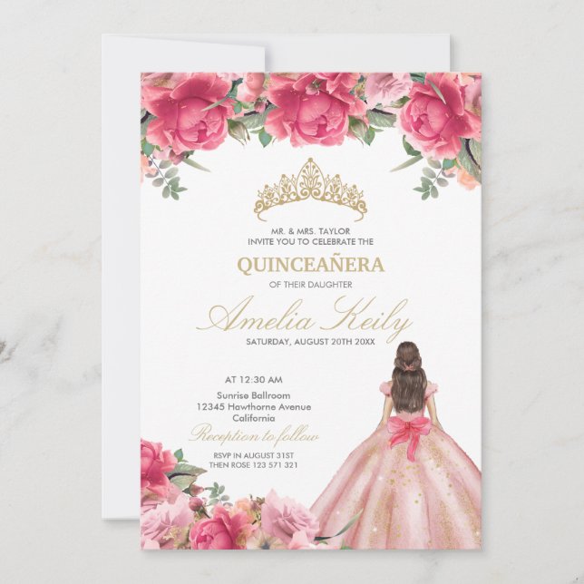 Invitación Delicada Princesa Floral Rosa Rosa Gold Quinceañer (Anverso)