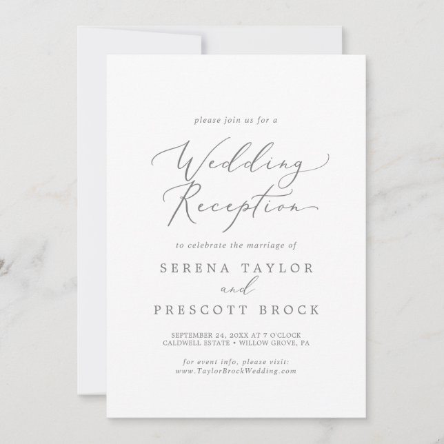 Invitación Delicada recepción de boda de caligrafía plateada (Anverso)