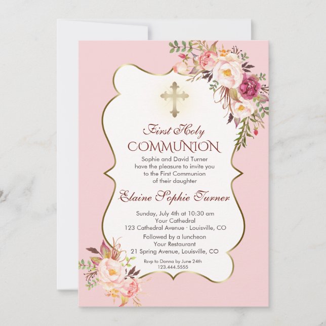 Invitación Delicada Rubor Floral rosa primera comunión sagrad (Anverso)