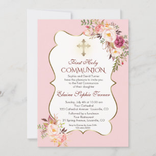 Invitación Delicada Rubor Floral rosa primera comunión sagrad