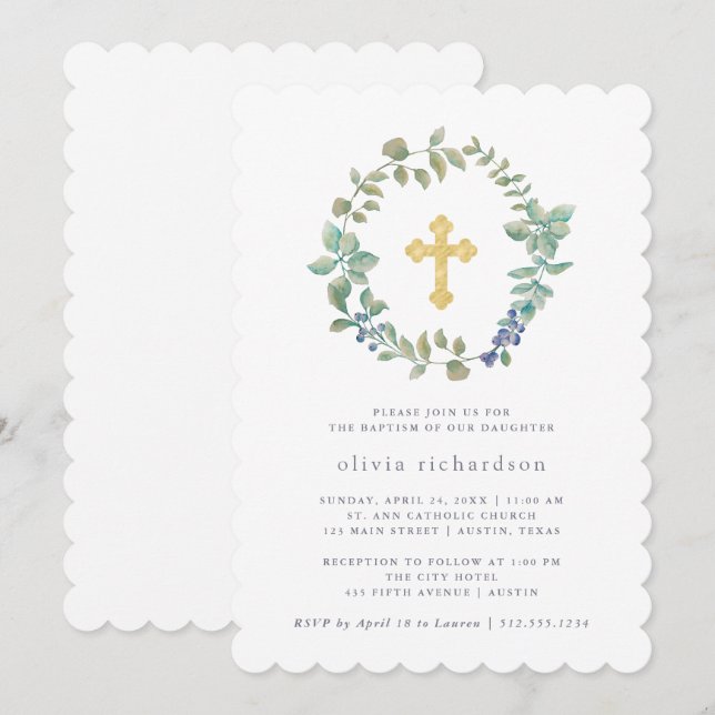 Invitación Delicada vegetación| Faux Gold Cross Baptism (Anverso / Reverso)