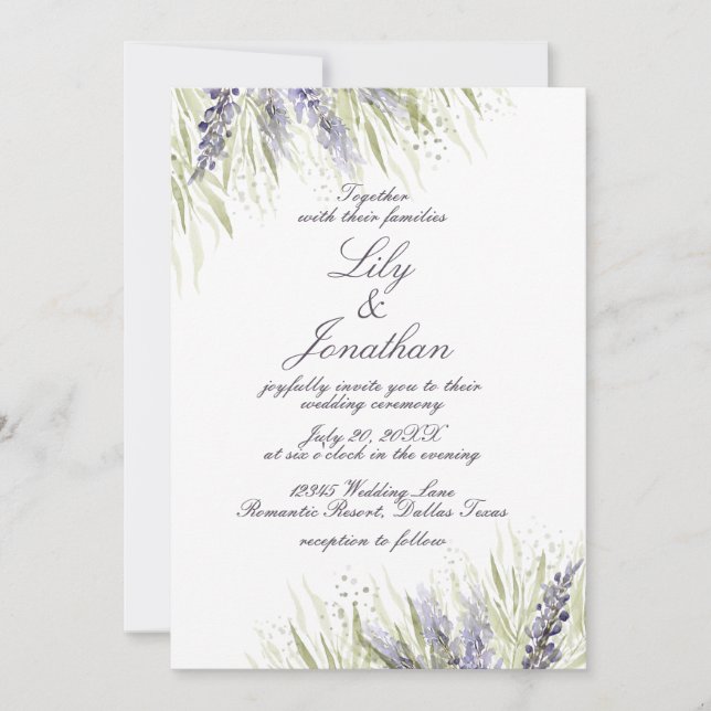Invitación Delicada vegetación y Boda de Lavanda (Anverso)