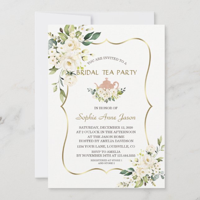 Invitación Delicadas flores blancas Fiesta de té de novia dor (Anverso)