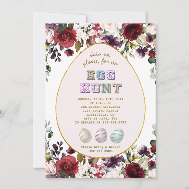 Invitación Delicadas flores de borgoña cazan huevos de oro Pa (Anverso)