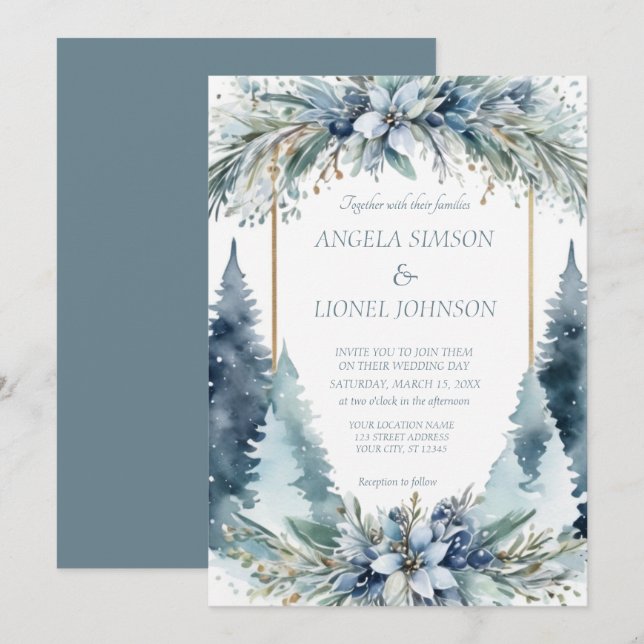 Invitación Delicadas flores de invierno Boda de pinos arboles (Anverso / Reverso)