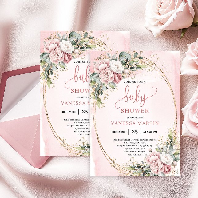 Invitación Delicadas Flores de Oro Rosa Eucalipto Baby Shower (Delicate Rose Gold Flowers Eucalyptus Baby Shower Girl)