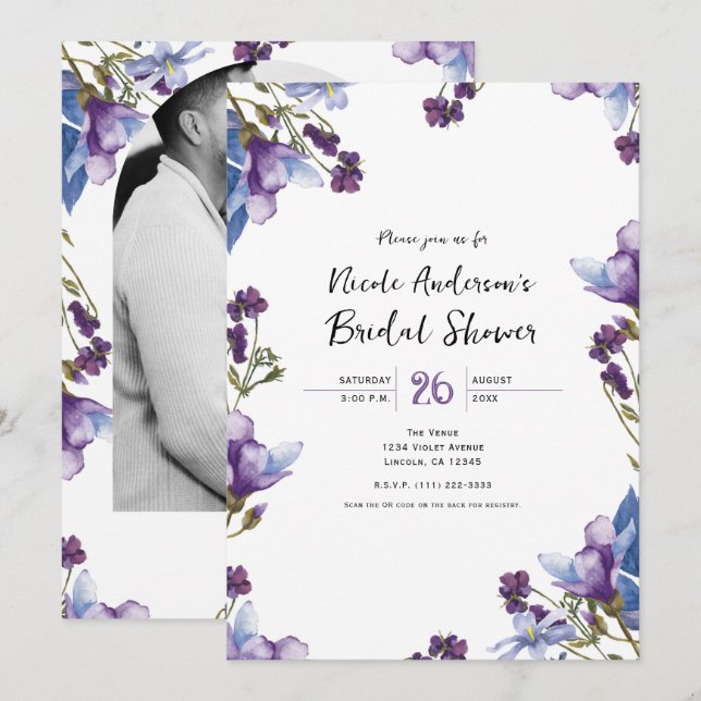 Invitación Delicadas Flores Moradas de Primavera para Bridal  (Anverso / Reverso)