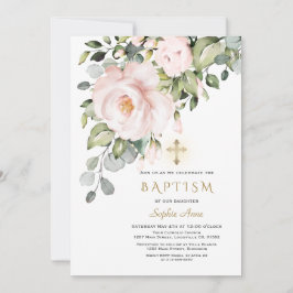 Invitación Delicadas flores rosadas bautizo cruzado de oro Ch