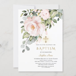 Invitación Delicadas flores rosadas bautizo cruzado de oro Ch