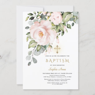 Invitación Delicadas flores rosadas bautizo cruzado de oro Ch