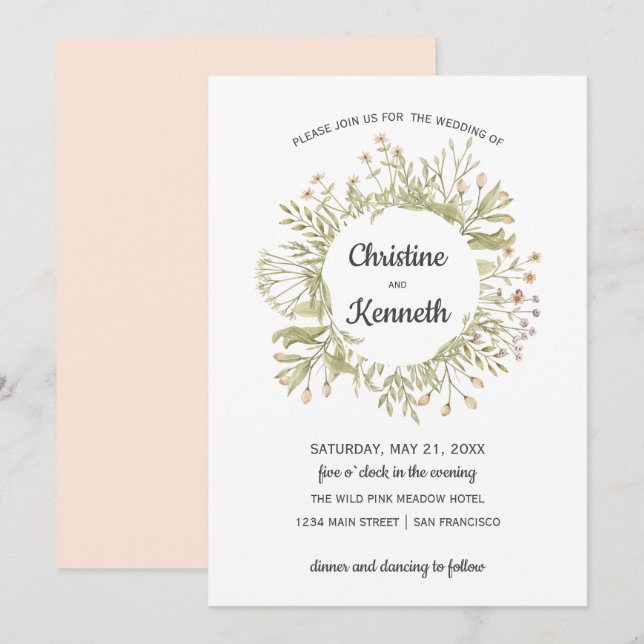 Invitación Delicadas flores silvestres rosadas eran Bodas bot (Anverso / Reverso)