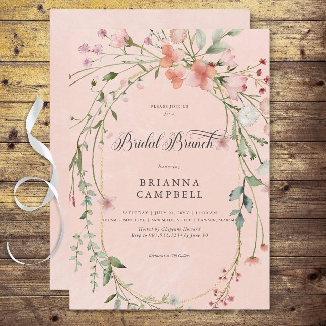 Invitación Delicadas flores silvestres rústicas rosadas Desay (Delicate Pink Rustic Wildflowers Bridal Brunch Invitation)