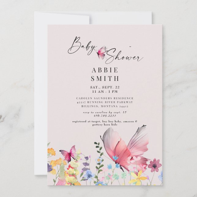 Invitación Delicadas mariposas y flores silvestres Baby Showe (Anverso)