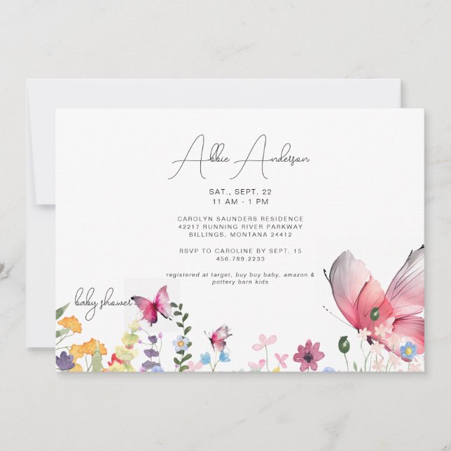 Invitación Delicadas mariposas y flores silvestres Baby Showe (Anverso)