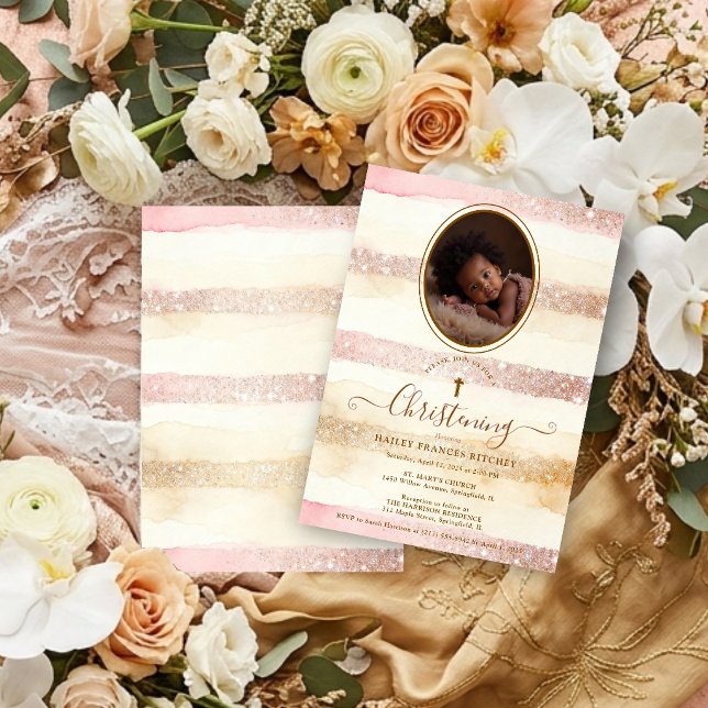 Invitación Delicadas Rayas Brillo Románticas Bebé Bautizo (Delicate Romantic Glitter Stripes Baby Baptist Christening Invitation Card with Oval Photo. )