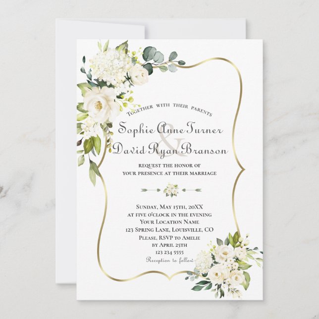 Invitación Delicadas rosas blancas Hydrangea Boda de oro (Anverso)