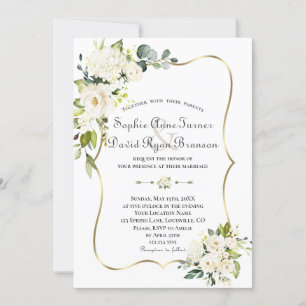Invitación Delicadas rosas blancas Hydrangea Boda de oro