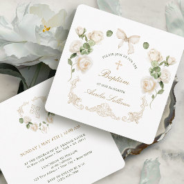 Invitación Delicadas Rosas de Marfil Marco Bautizo Pequeño