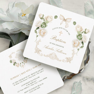 Invitación Delicadas Rosas de Marfil Marco Bautizo Pequeño
