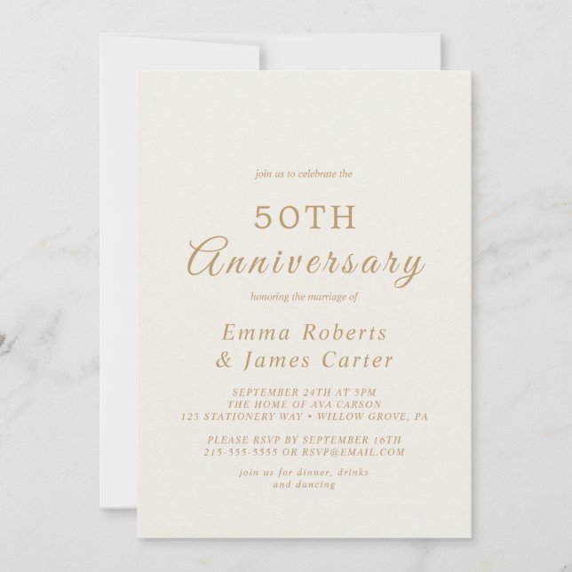 Invitación Delicado aniversario Boda de oro y crema (Anverso)