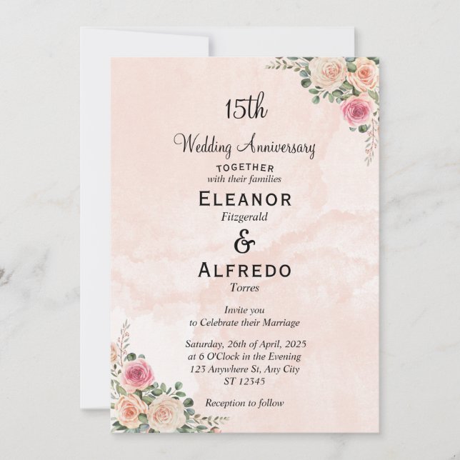 Invitación Delicado aniversario de Boda floral de crema rosa (Anverso)