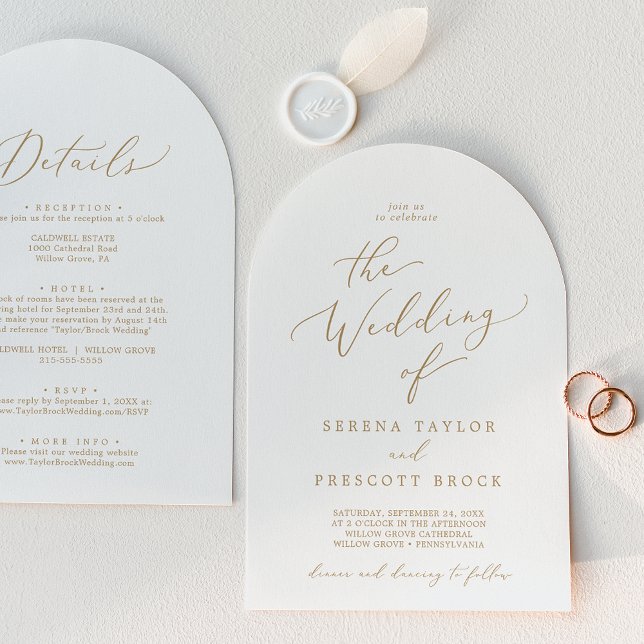 Invitación Delicado Arco De Caligrafía De Oro En Un Boda (Delicate Gold Calligraphy Arch All In One Wedding Invitation)