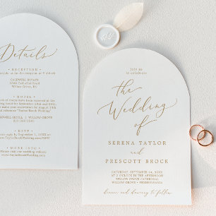 Invitación Delicado Arco de Caligrafía en Oro Boda Todo en Un