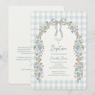 Invitación Delicado Arco Floral Azul de Cuadros para Bautizo