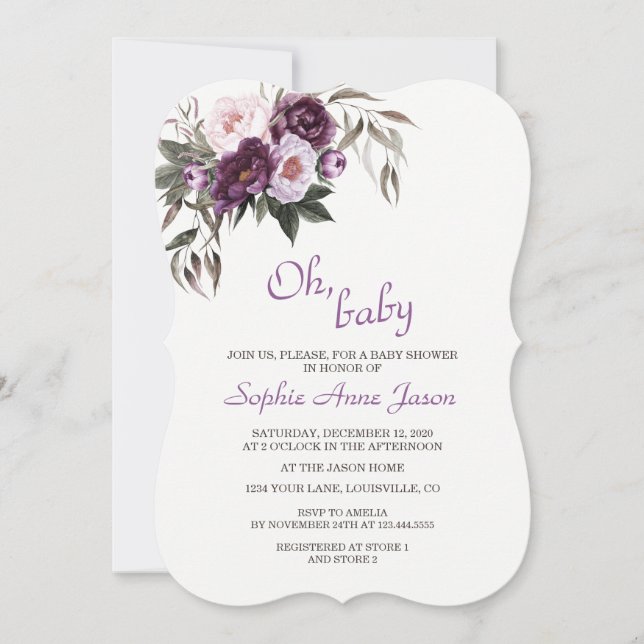 Invitación Delicado Baby Shower de flores de peón rosado mora (Anverso)