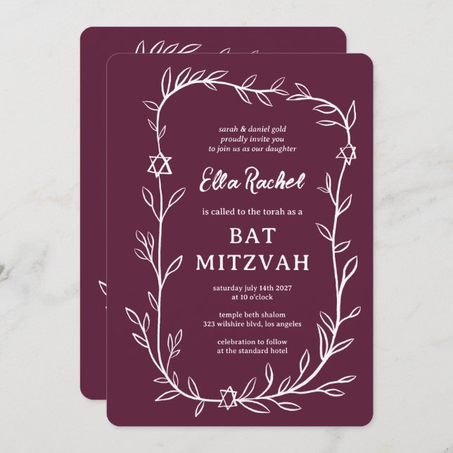 Invitación Delicado Bar Botánico Bat Mitzvah PERSONALIZADO QR (Anverso / Reverso)