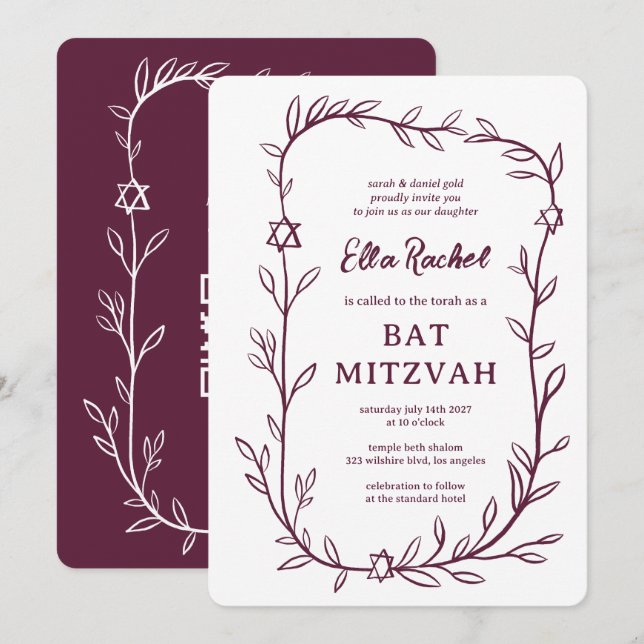 Invitación Delicado Bar Botánico Bat Mitzvah PERSONALIZADO QR (Anverso / Reverso)