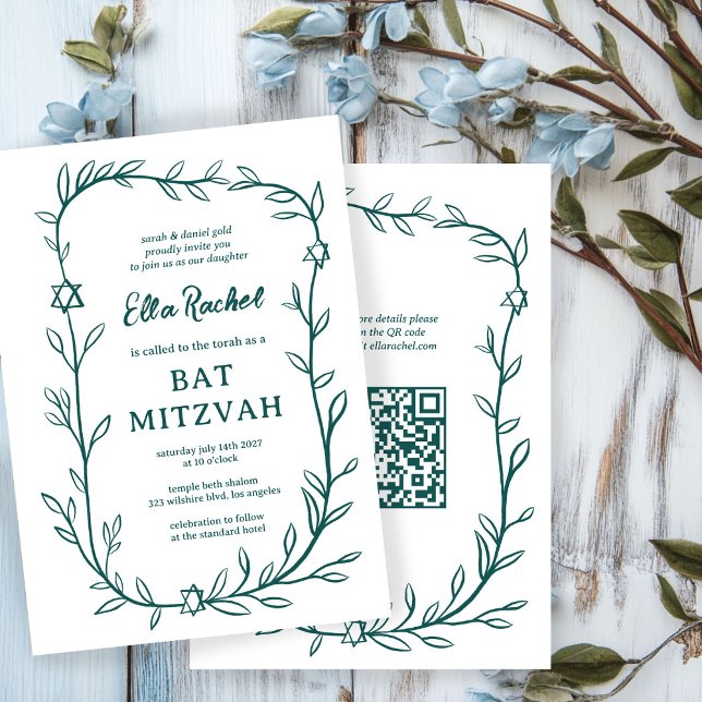 Invitación Delicado Bar Botánico Bat Mitzvah PERSONALIZADO QR (Delicate Botanical Bar Bat Mitzvah CUSTOM QR Code Invitation
)