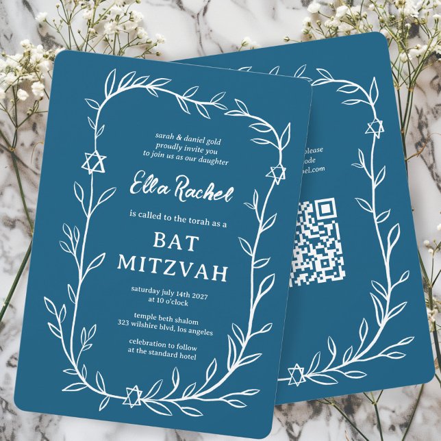 Invitación Delicado Bar Botánico Bat Mitzvah PERSONALIZADO QR (Delicate Botanical Bar Bat Mitzvah CUSTOM QR Code Invitation Blue White Hand Drawn Elegant
)