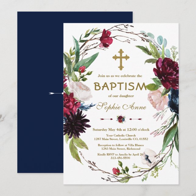 Invitación Delicado bautismo Chica de guirnaldas florales azu (Anverso / Reverso)