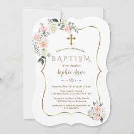 Invitación Delicado bautismo Chica de oro de flores blancas d