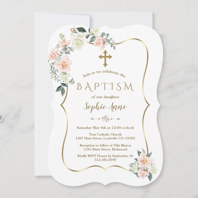 Invitación Delicado bautismo Chica de oro de flores blancas d (Anverso)