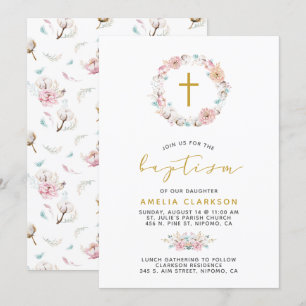 Invitación Delicado bautismo floral y de algodón