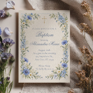 Invitación Delicado bautizo floral en acuarela de color azul 